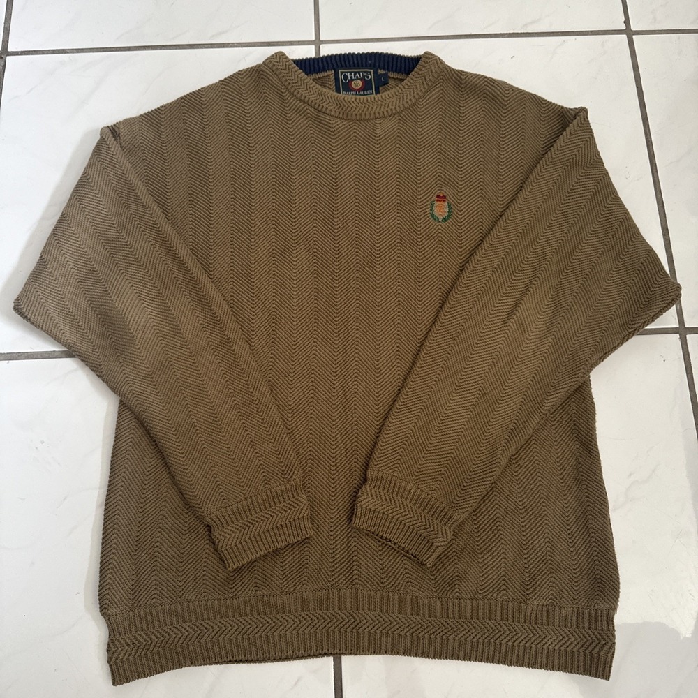 Vtg 90s Chaps Ralph Lauren Mens L Heavyweight Herringbone Knit Sweater Beige